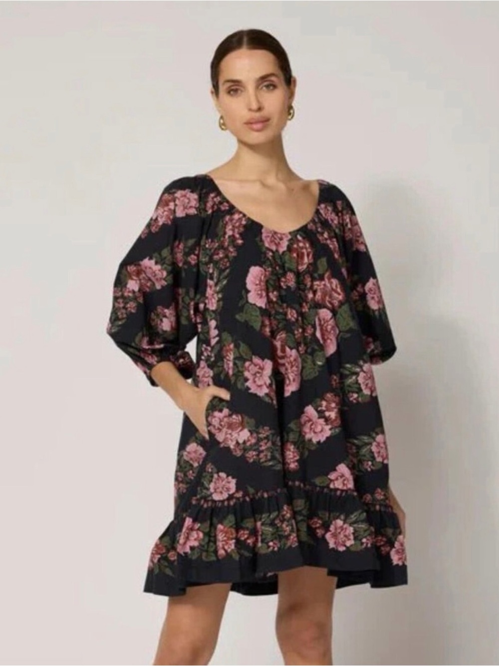 Cleobella Haley Mini Dress in Juliet Floral Black with Pink Roses size Small